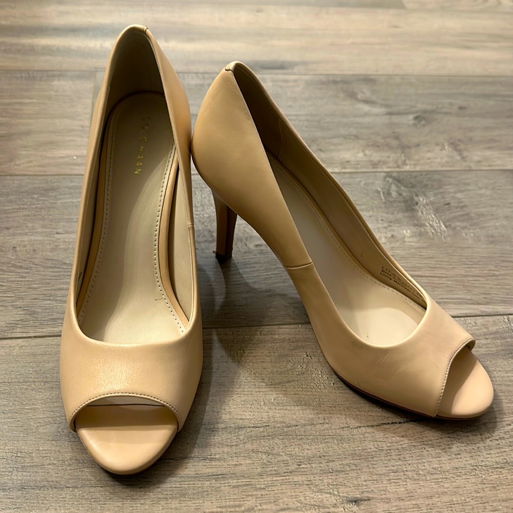 Cole Haan: 3.5” peep toe heels, nude/sand